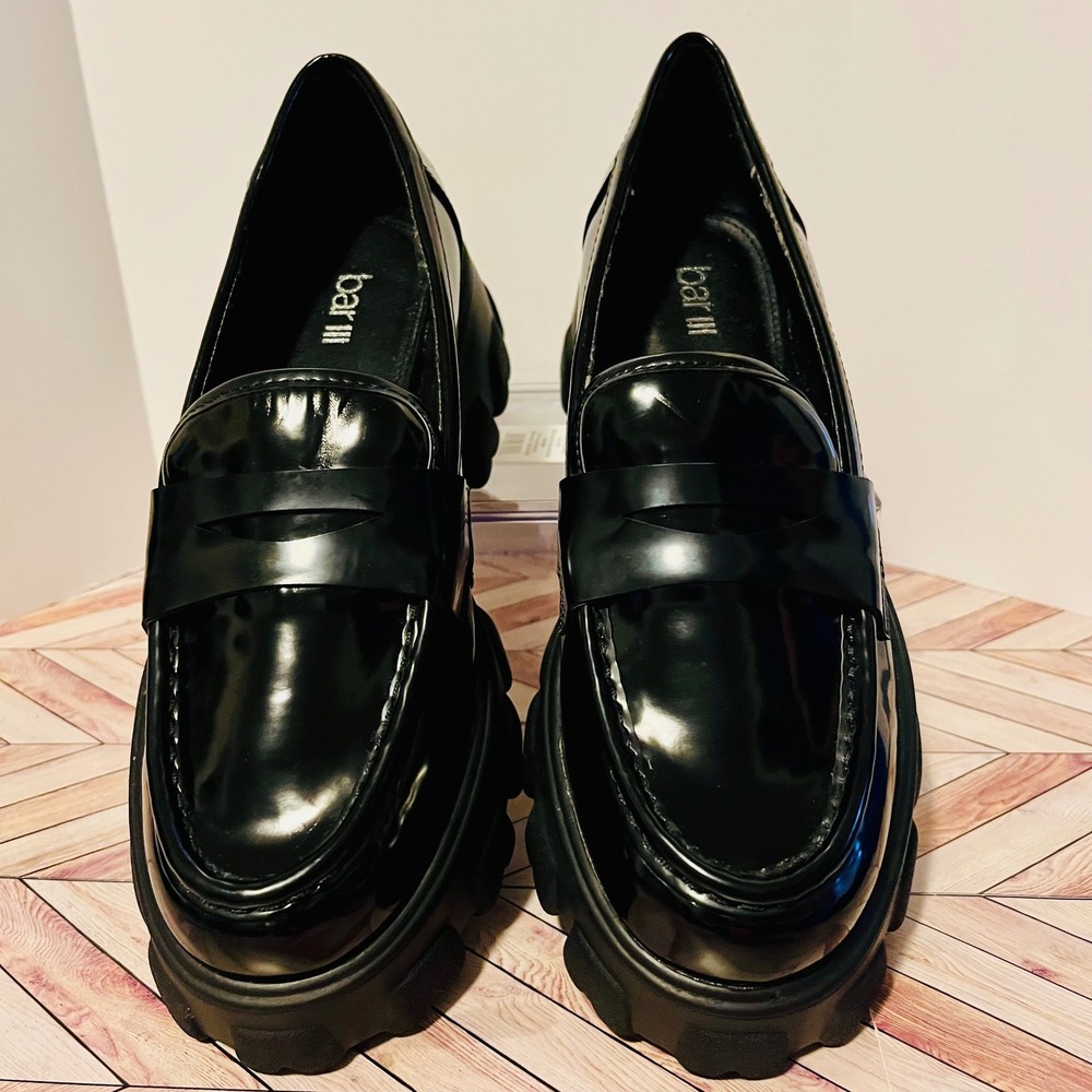 Bar III Paz‎ Penny Loafers Platform Women's 9M Black Patent Leather Lug Preppy - Picture 3 of 9